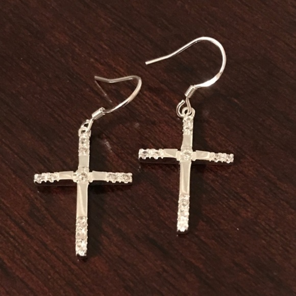 Sterling Silver Cross Rhinestone Dangle Earrings - Picture 3 of 3